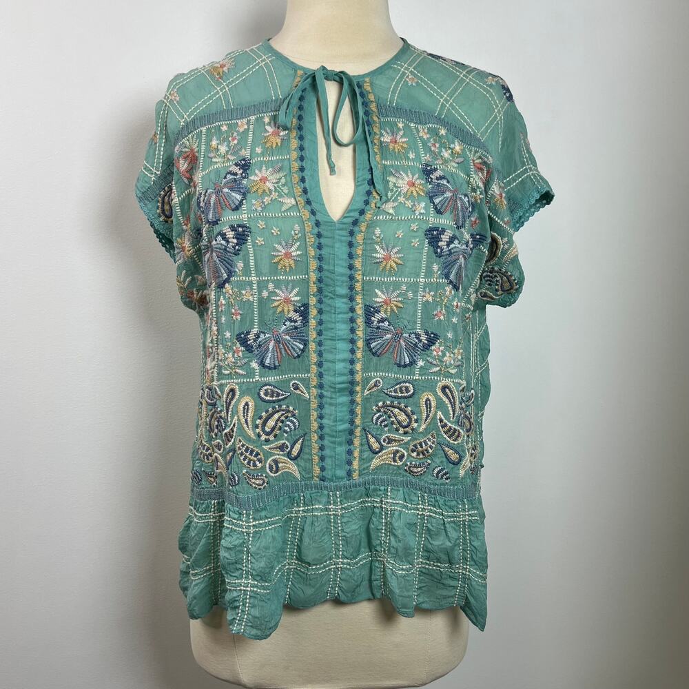 Johnny Was Women's Paise Teal Blouse Rodeo Embroidered Boho Mermaid Core Size M - Picture 4 of 14